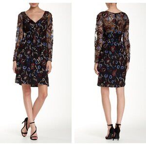 Mikael Aghal Embroidered Long Sleeve V-Neck Cocktail Dress NWT